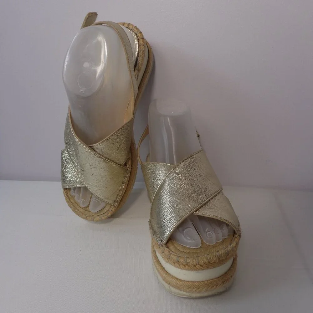 Marc Fisher Metallic Gold Leather Espadrille Platform Wedge Sandal Womens Sz 7.5